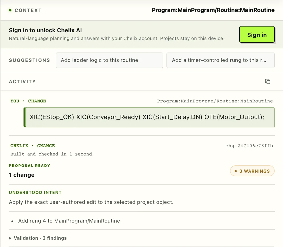 The Chelix AI panel with context pinned to Program MainProgram / Routine MainRoutine, a submitted change request, and a proposal ready with three warnings