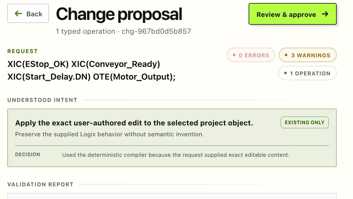A Chelix change proposal header: one typed operation, zero errors, three warnings, with the Review & approve action