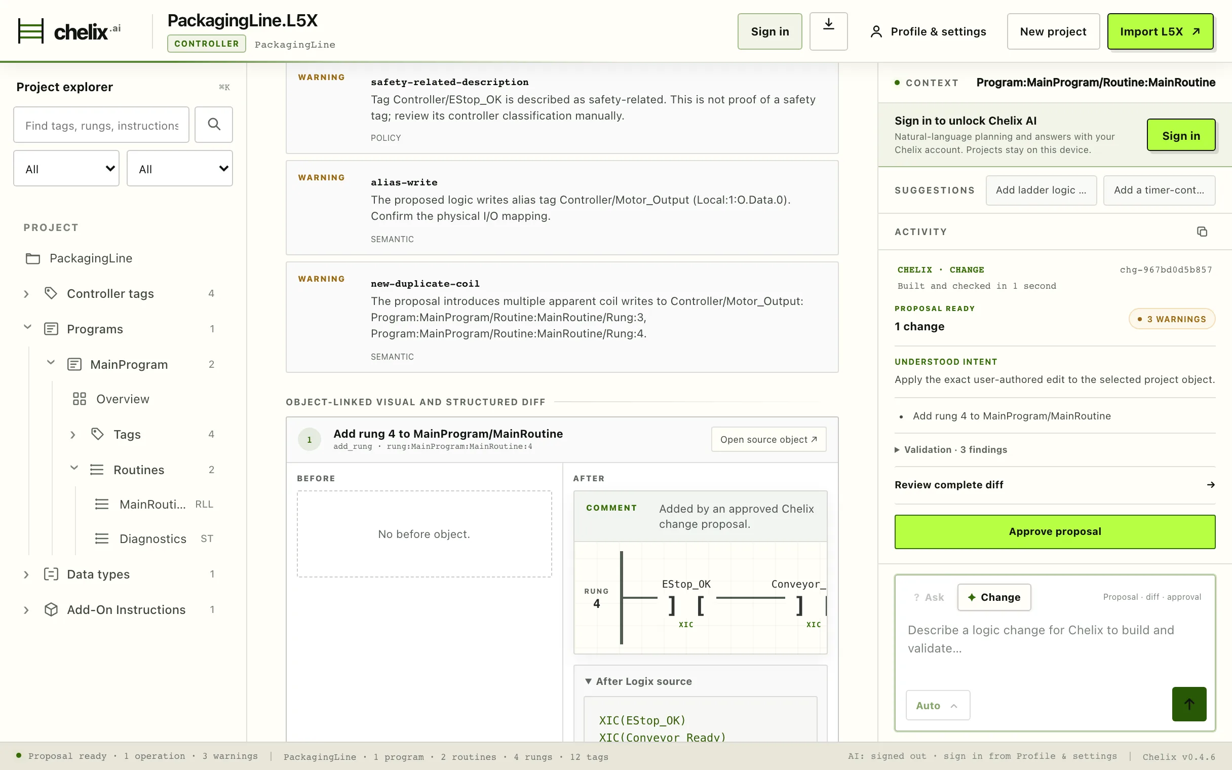 A Chelix change proposal under review: named validation warnings, a before-and-after ladder diff for the new rung, and the approve gate in the assistant panel