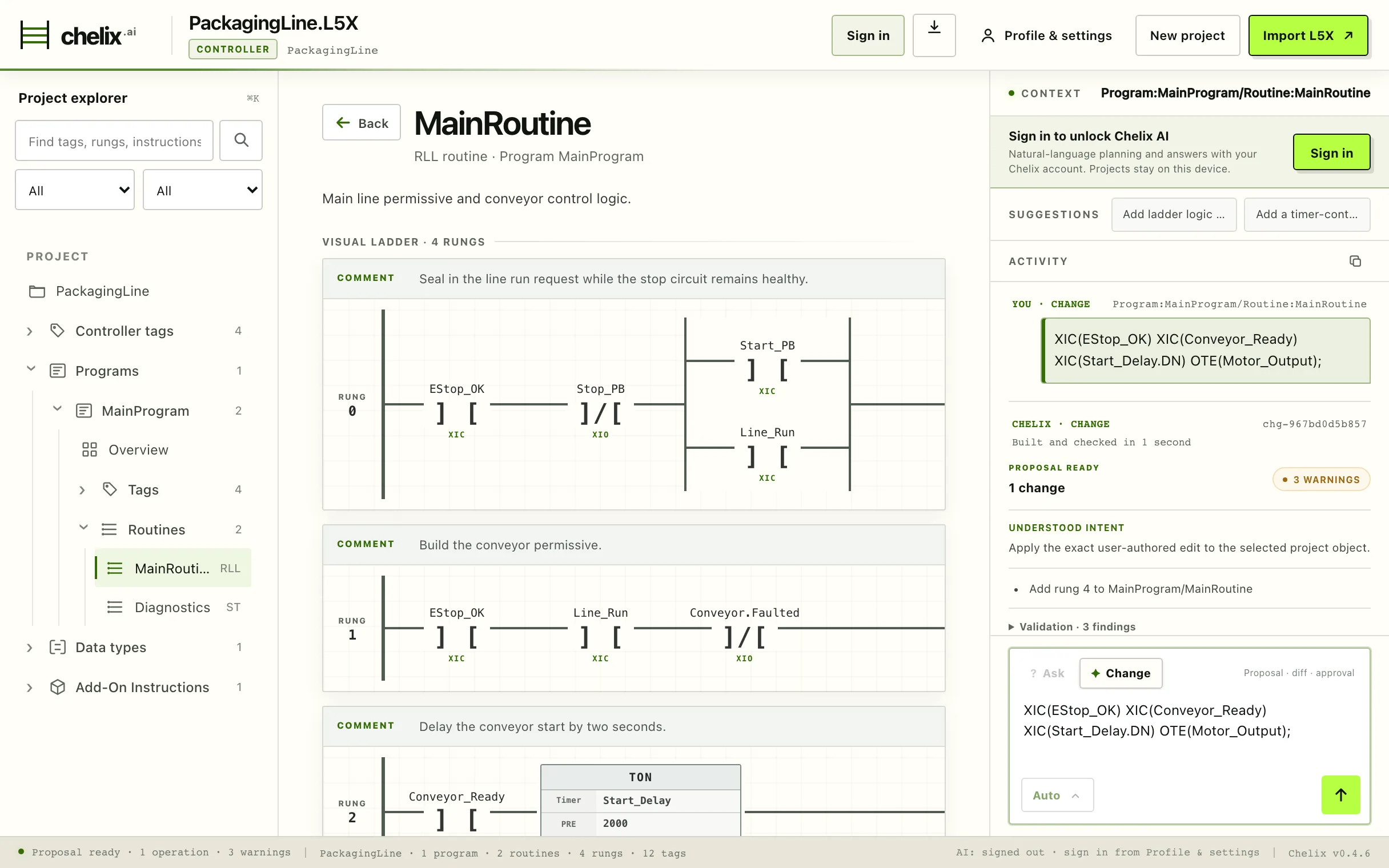 The Chelix workspace: project explorer, Studio-style visual ladder for MainRoutine, and the Chelix AI panel holding a validated change proposal with three warnings